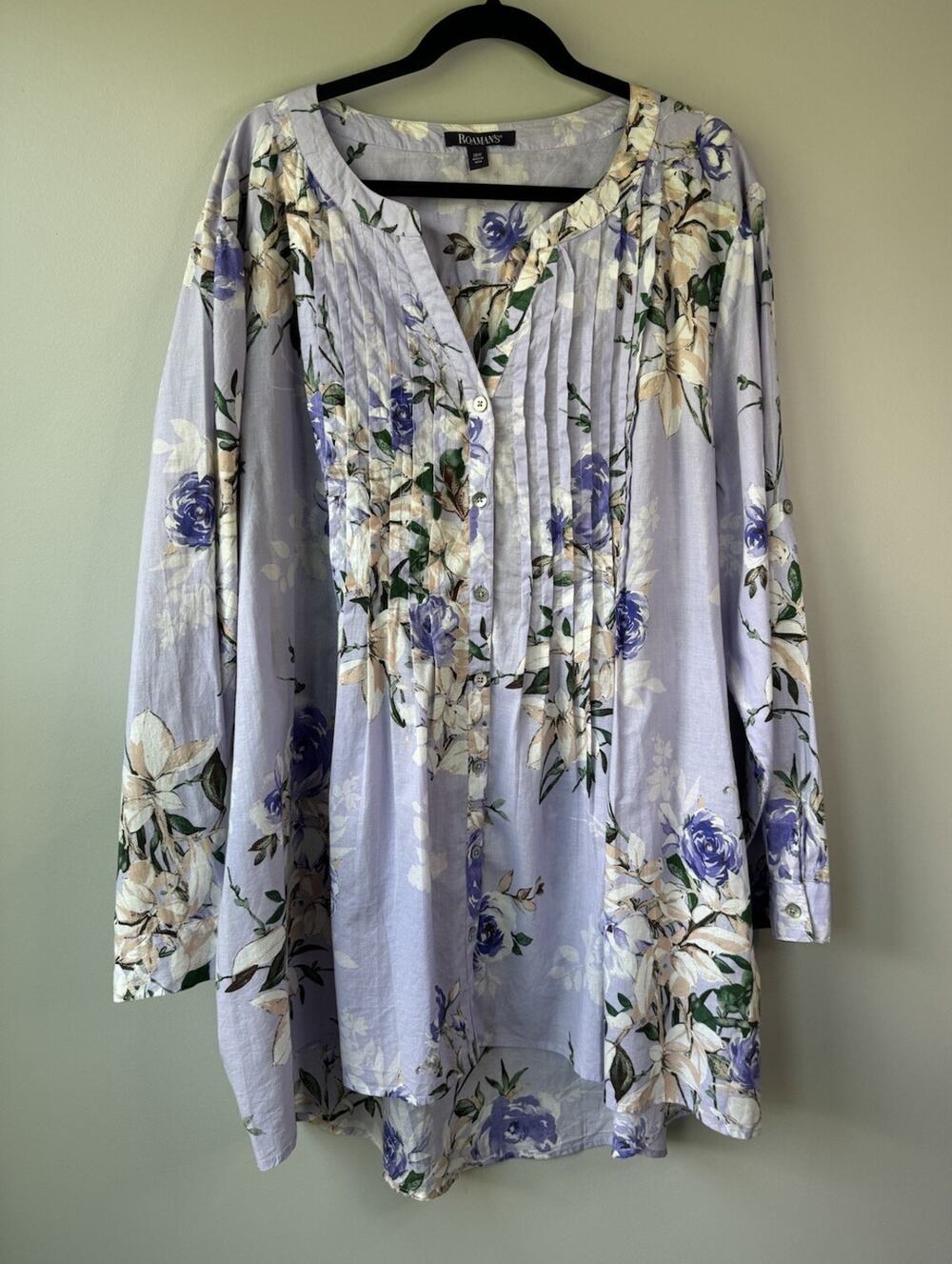 Roaman's Size 28W V-Neck Button Up Roll Tab Floral Pintuck Blouse 100% Cotton